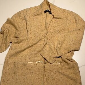 Open Front Sweater in Tan with Black Donegal Flecks and Gold Zipper Detail - XS
